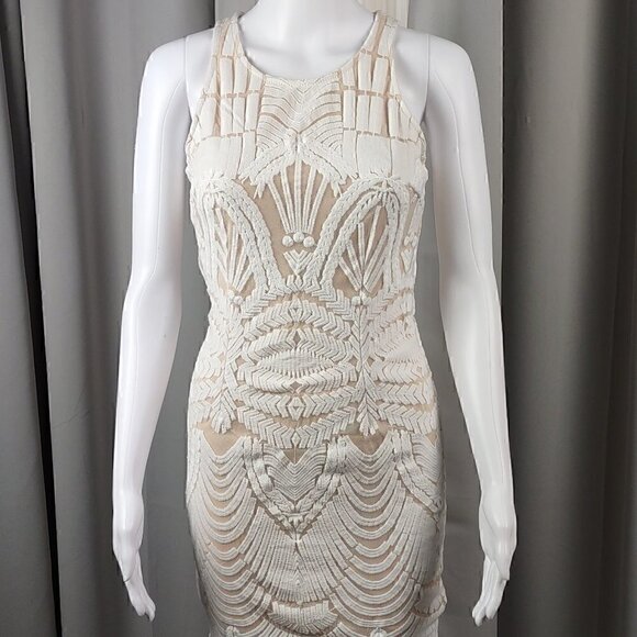 Tea & Cup Cream Bodycon Fitted & Lined Cotton Mini Dress. Size Small - Picture 2 of 13